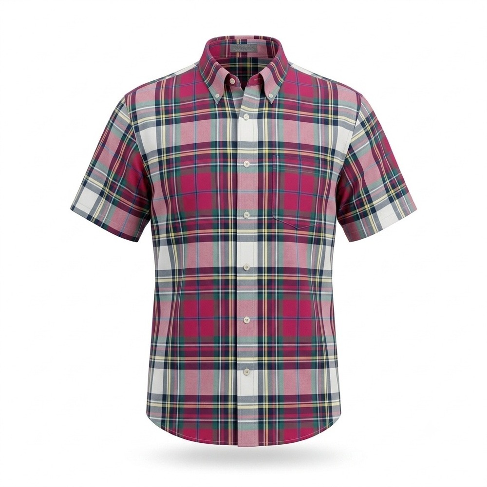 Lord & Taylor Mens Red Pink Madras Plaid Short Sleeve Button Down Shirt Large